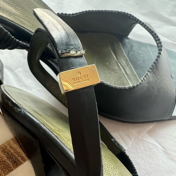 VTG 90s GUCCI slingback sandals sz 8 black leather scalloped edge 4.25in heel - Picture 11 of 16